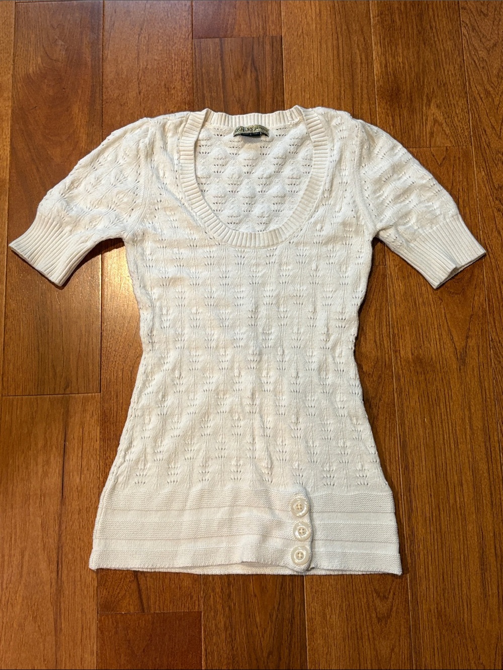 Guess Jeans Cream Short-Sleeve V-Neck Knit Top with Button Detail